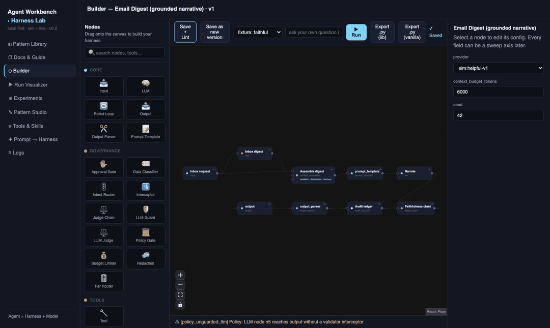 The sim run replaying on the Harness Lab canvas — each node highlighting in turn while the event trace streams its step details: email.search returning 3 results, the context window at 68/5488 tokens, the prompt assembling, the judge chain passing